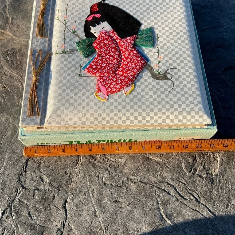 Vtg New Japanese Geisha Embroidery Fabric White Silver Memory Photo Album Baby